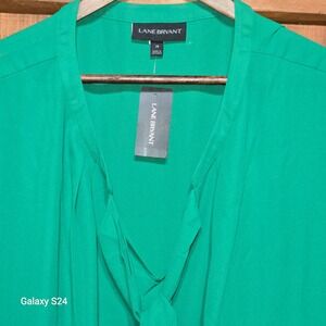 Lane Bryant Green Tie Neck Blouse Womens Plus Size 28 Short Dolman Sleeve Top